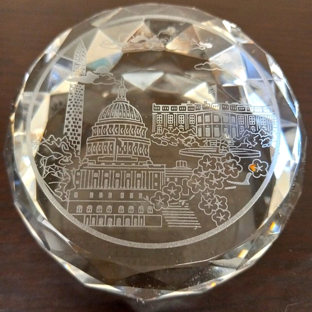 Washington Monument, The Capitol, and The White House Etched onto a Crysyal.